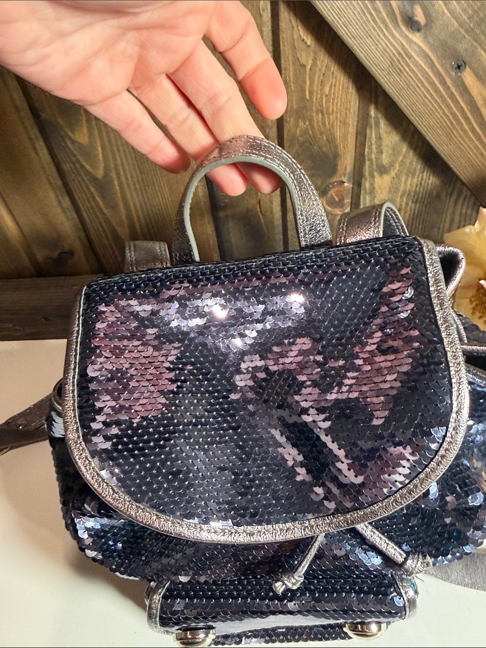 Coach Midnight Blue Sequin Mini Backpack with Silver Trim - Picture 4 of 9